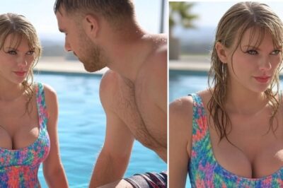 Travis Kelce can’t keep his eyes off Taylor Swift’s sizzling figure as she stuns in a barely-there swimsuit that left little to the imagination, while heating up the poolside…